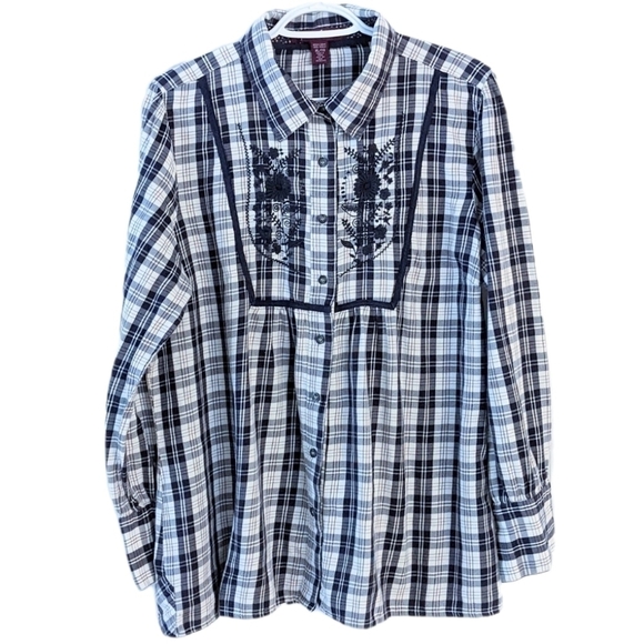 GLORIA Vanderbilt plaid embroidered boho cotton shirt size XL @R - Picture 1 of 10